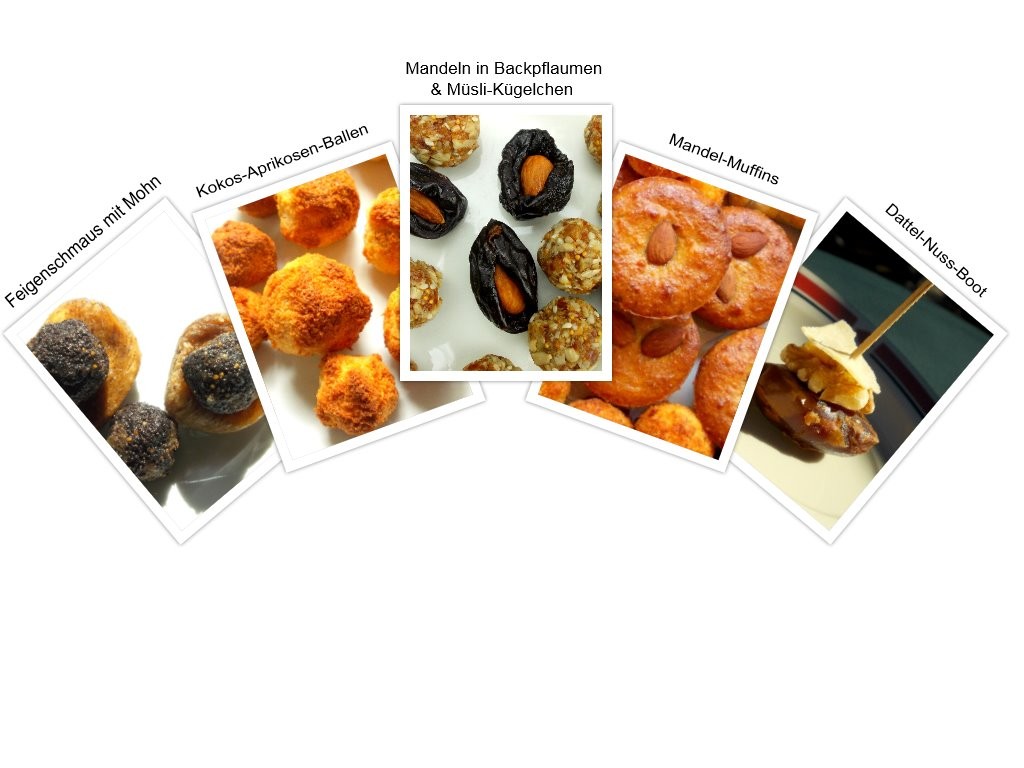 Süße Fingerfood-Ideen mit Mandeln, Aprikosen, Datteln und Mohn